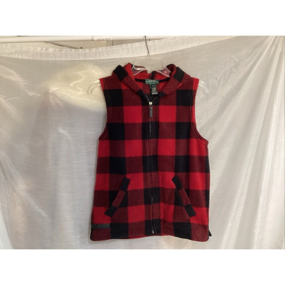 ralph lauren petite small vest  hooded Buffalo check fleece full zip pockets